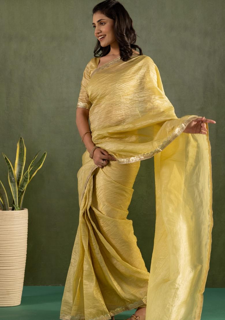 Yellow Solid And Lace Border Chiffon Pre Stitched Saree