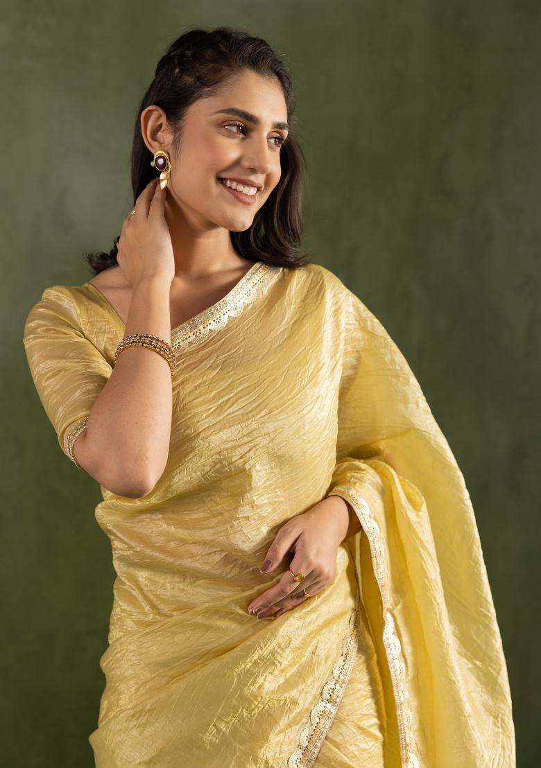 Yellow Solid And Lace Border Chiffon Pre Stitched Saree