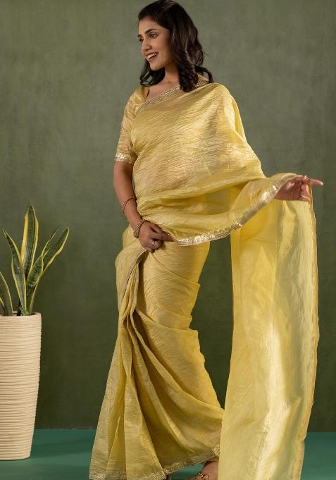 Yellow Solid And Lace Border Chiffon Pre Stitched Saree