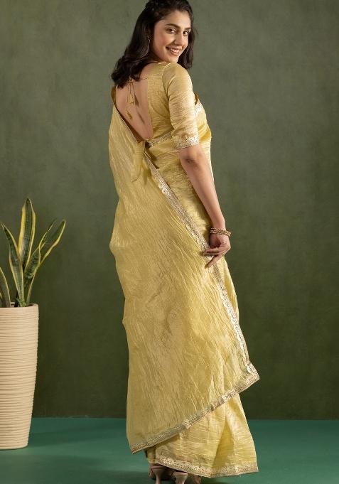 Yellow Solid And Lace Border Chiffon Pre Stitched Saree
