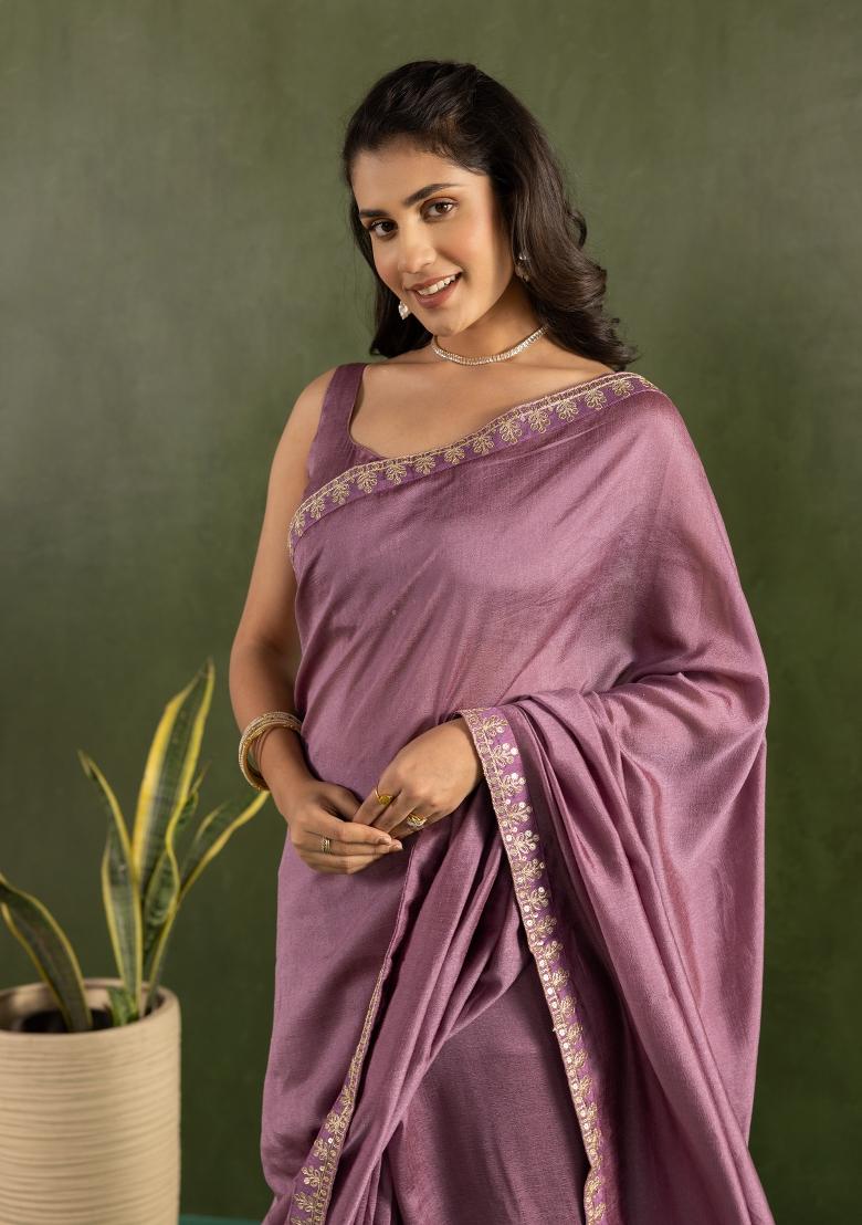 Purple Solid And Lace Border Chiffon Pre Stitched Saree
