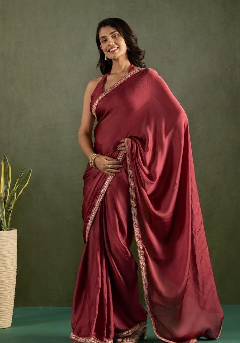Maroon Solid And Lace Border Chiffon Pre Stitched Saree