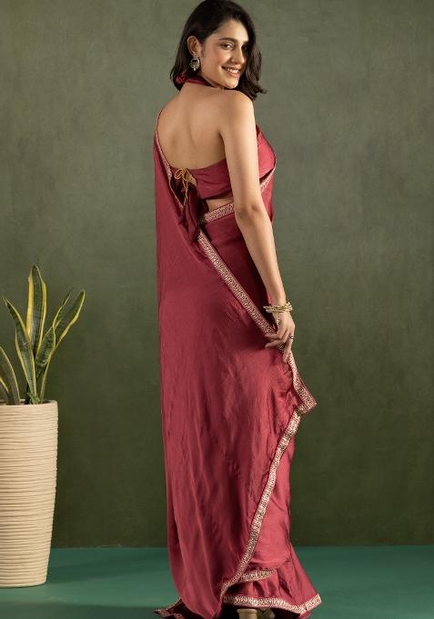 Maroon Solid And Lace Border Chiffon Pre Stitched Saree