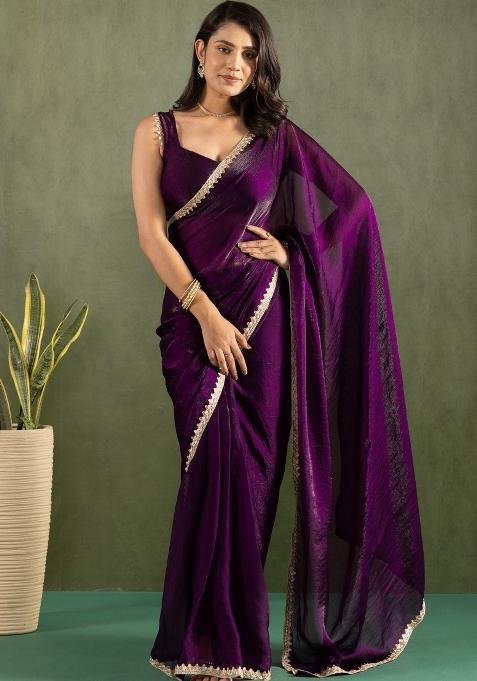 Lavender Solid And Lace Border Chiffon Pre Stitched Saree