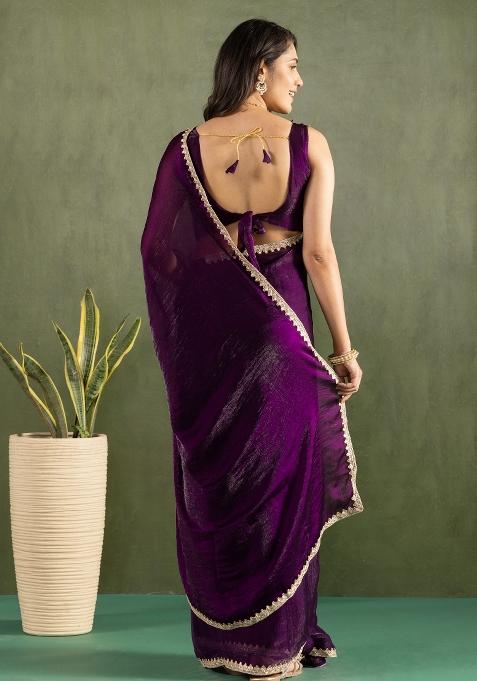Lavender Solid And Lace Border Chiffon Pre Stitched Saree