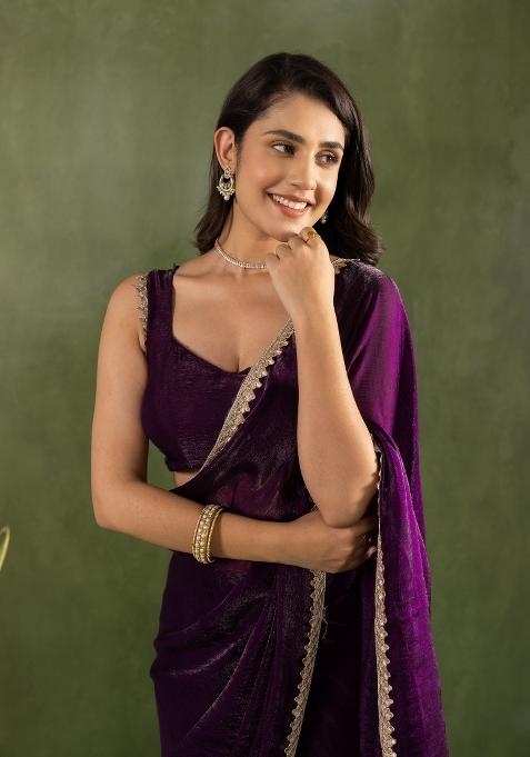 Lavender Solid And Lace Border Chiffon Pre Stitched Saree