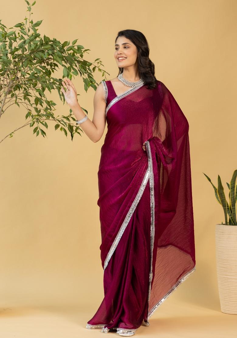 Maroon Solid And Lace Border Chiffon Pre Stitched Saree