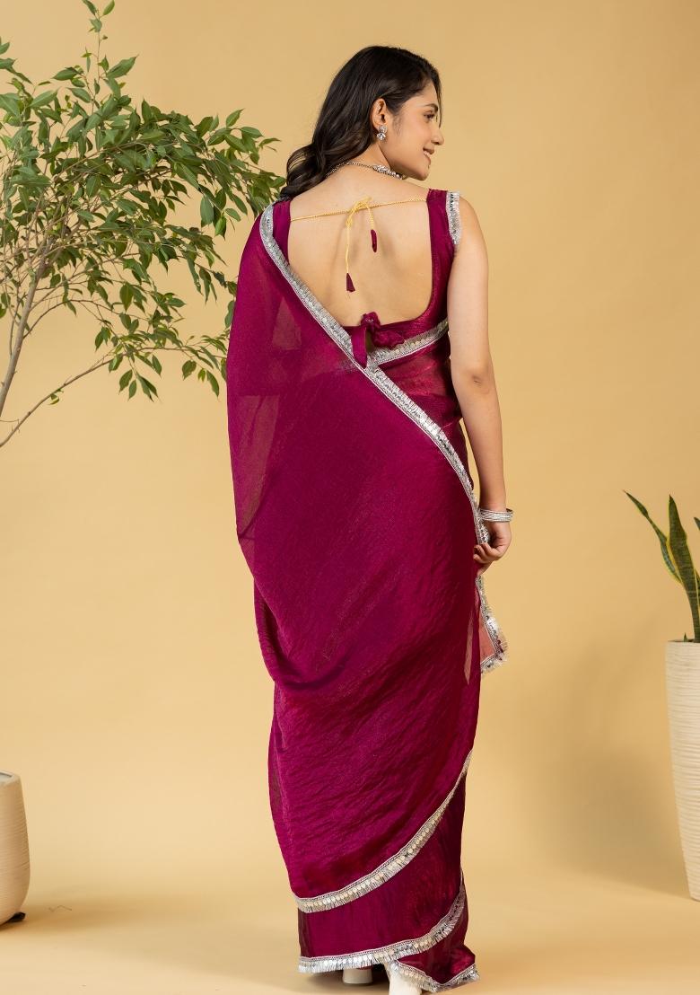 Maroon Solid And Lace Border Chiffon Pre Stitched Saree