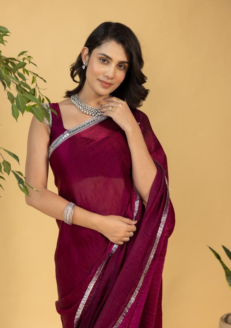 Maroon Solid And Lace Border Chiffon Pre Stitched Saree
