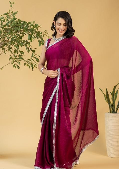 Maroon Solid And Lace Border Chiffon Pre Stitched Saree