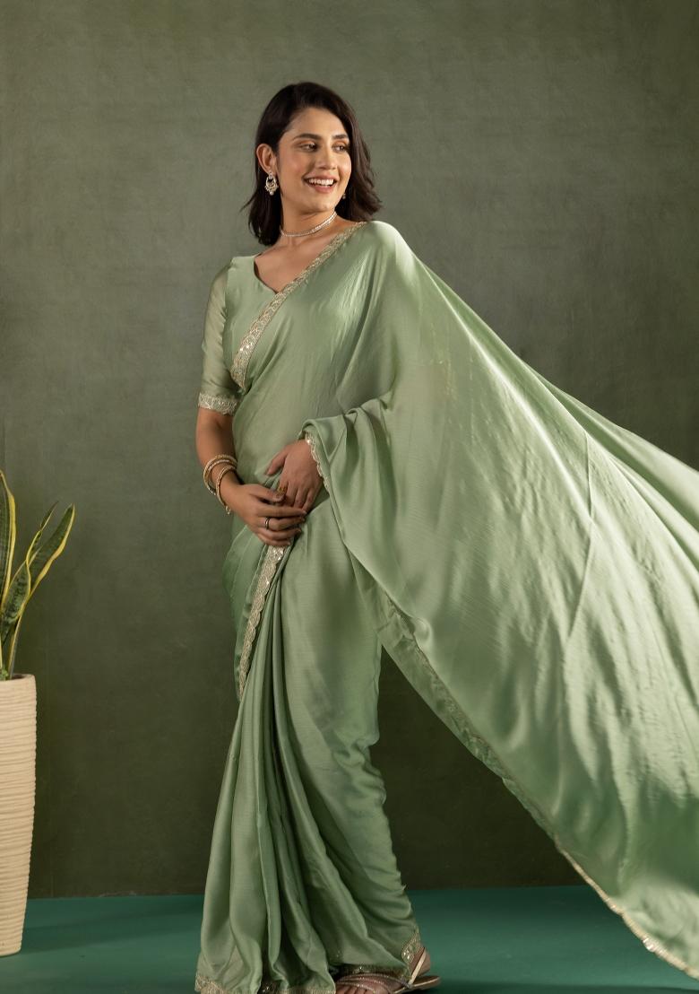 Pista Green Solid And Lace Border Chiffon Pre Stitched Saree