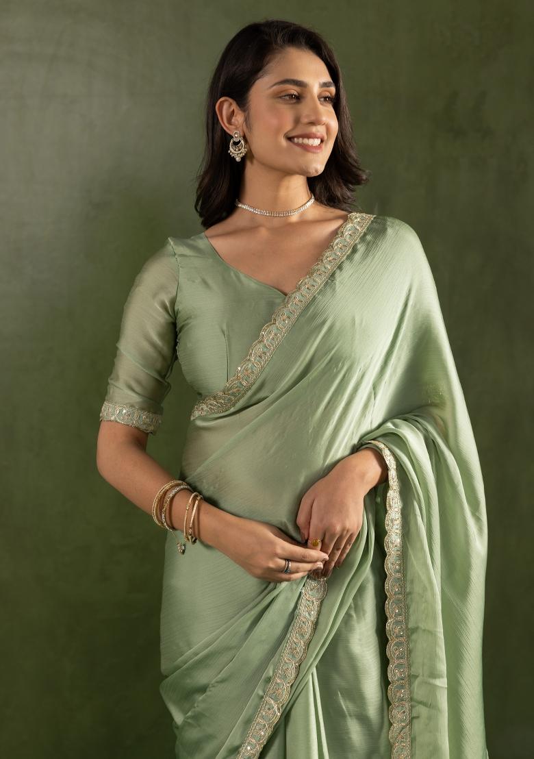 Pista Green Solid And Lace Border Chiffon Pre Stitched Saree