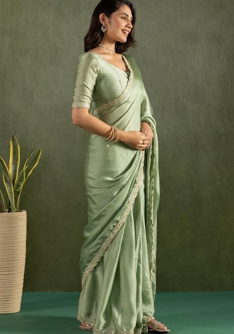 Pista Green Solid And Lace Border Chiffon Pre Stitched Saree