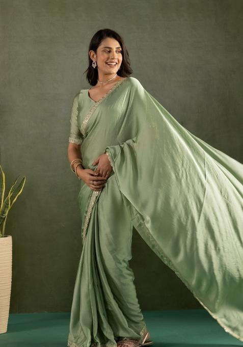 Pista Green Solid And Lace Border Chiffon Pre Stitched Saree