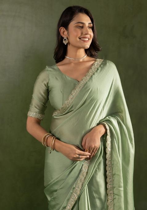 Pista Green Solid And Lace Border Chiffon Pre Stitched Saree
