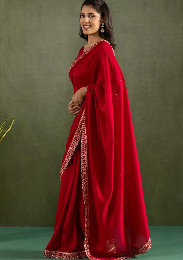 Red Solid And Lace Border Chiffon Pre Stitched Saree