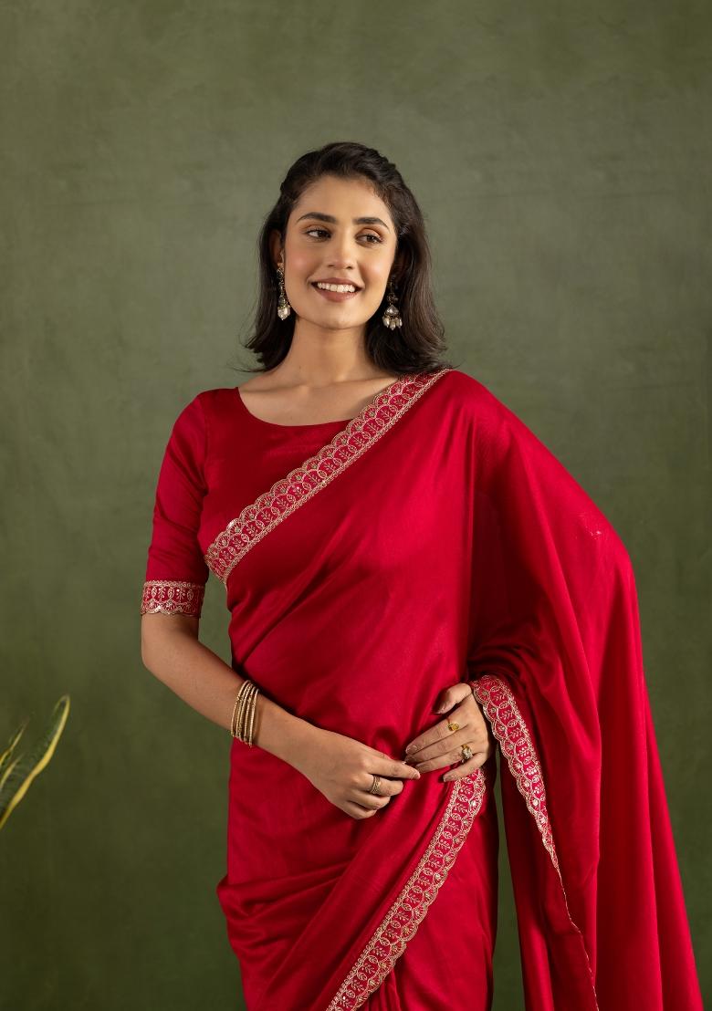 Red Solid And Lace Border Chiffon Pre Stitched Saree