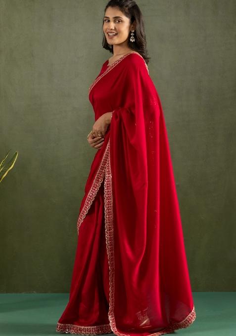 Red Solid And Lace Border Chiffon Pre Stitched Saree