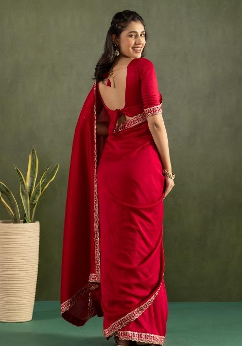Red Solid And Lace Border Chiffon Pre Stitched Saree