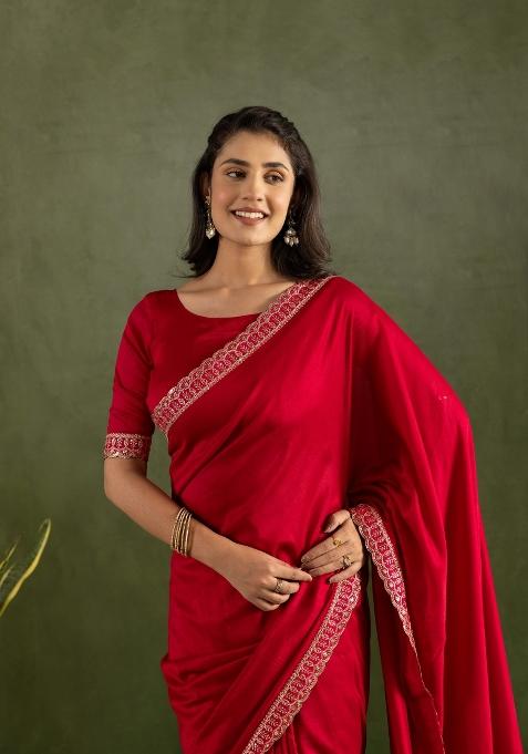 Red Solid And Lace Border Chiffon Pre Stitched Saree