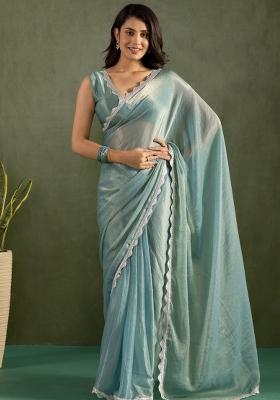 Sky Blue Solid And Lace Border Chiffon Pre Stitched Saree