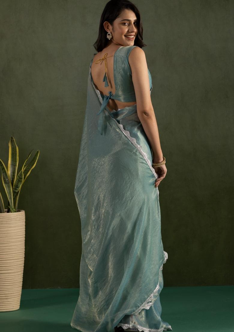 Sky Blue Solid And Lace Border Chiffon Pre Stitched Saree