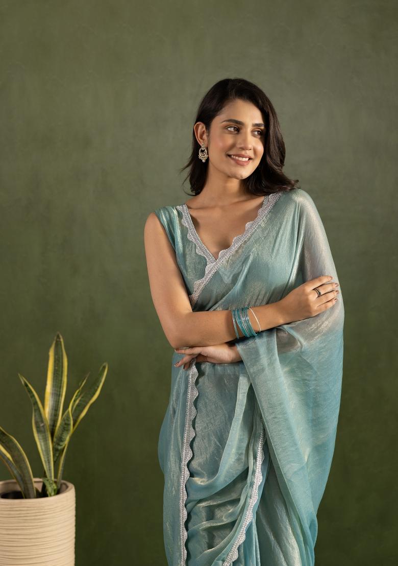 Sky Blue Solid And Lace Border Chiffon Pre Stitched Saree