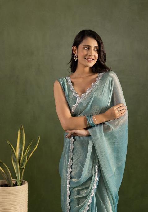 Sky Blue Solid And Lace Border Chiffon Pre Stitched Saree