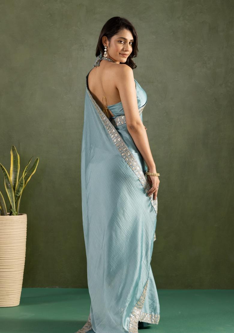 Pastel Blue Solid And Lace Border Chiffon Pre Stitched Saree