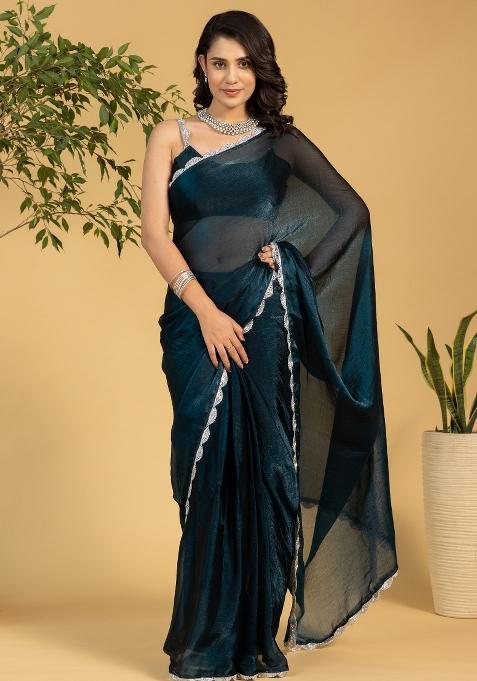Teal Blue Solid And Lace Border Chiffon Pre Stitched Saree