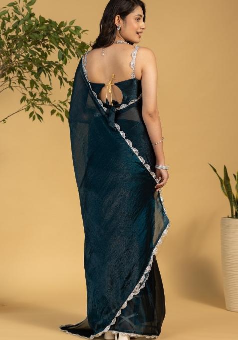 Teal Blue Solid And Lace Border Chiffon Pre Stitched Saree