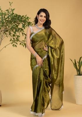 Mehendi Green Solid And Lace Border Chiffon Pre Stitched Saree