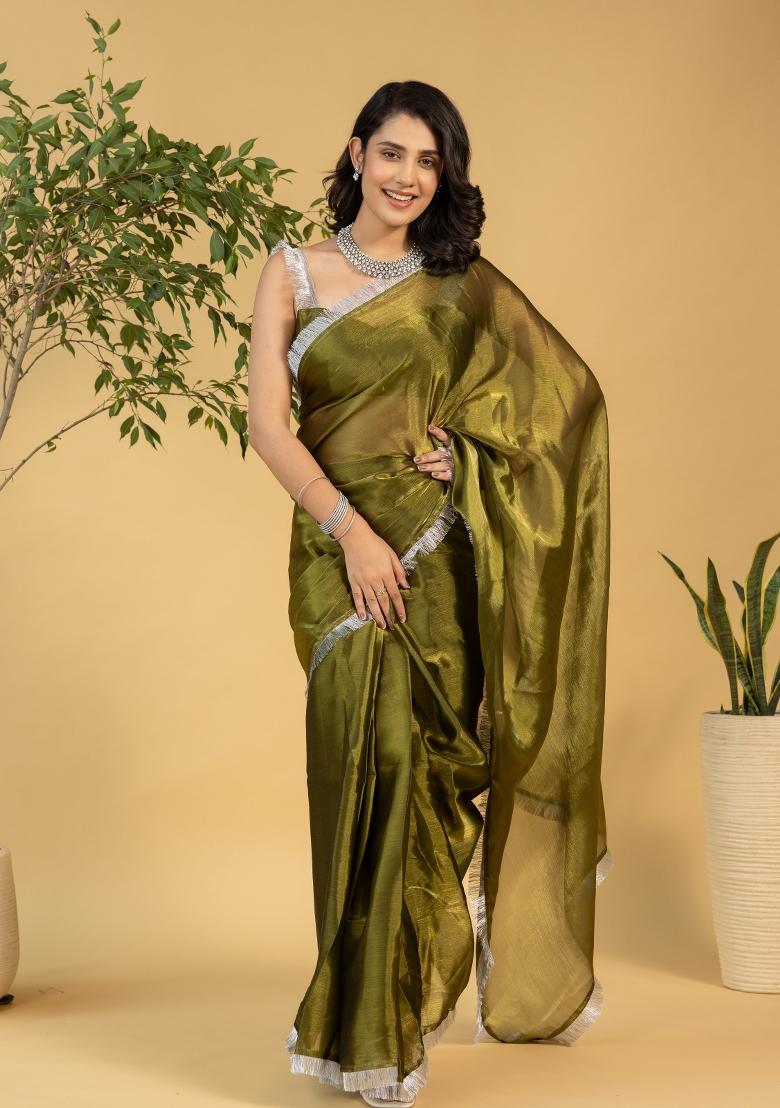 Mehendi Green Solid And Lace Border Chiffon Pre Stitched Saree