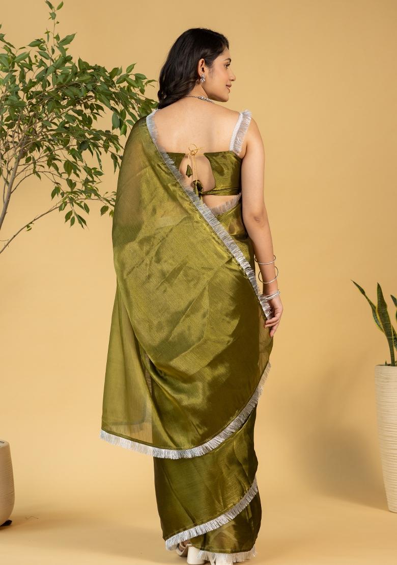 Mehendi Green Solid And Lace Border Chiffon Pre Stitched Saree
