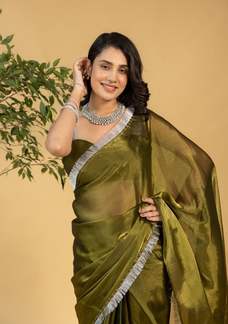Mehendi Green Solid And Lace Border Chiffon Pre Stitched Saree