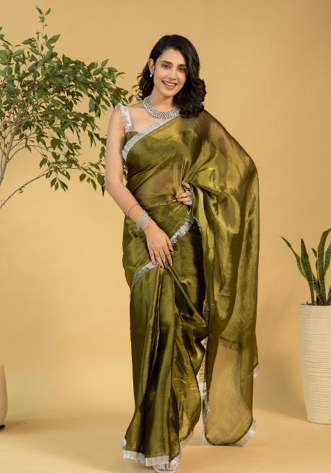 Mehendi Green Solid And Lace Border Chiffon Pre Stitched Saree