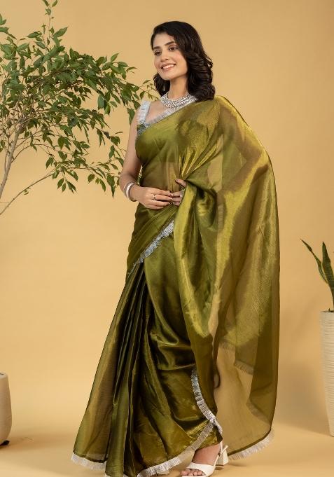 Mehendi Green Solid And Lace Border Chiffon Pre Stitched Saree
