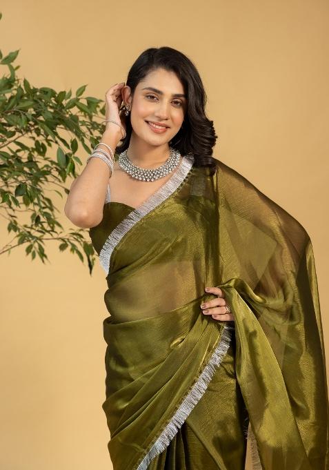 Mehendi Green Solid And Lace Border Chiffon Pre Stitched Saree