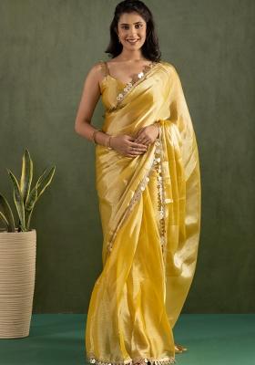 Yellow Solid And Lace Border Chiffon Pre Stitched Saree