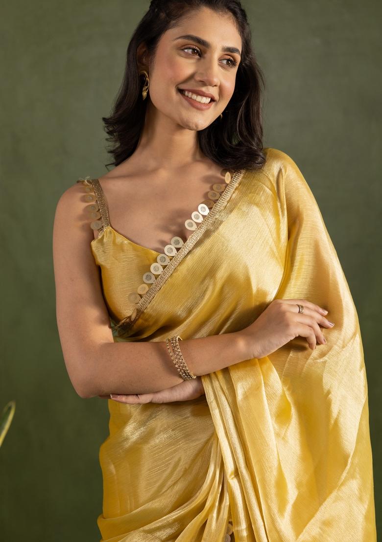 Yellow Solid And Lace Border Chiffon Pre Stitched Saree