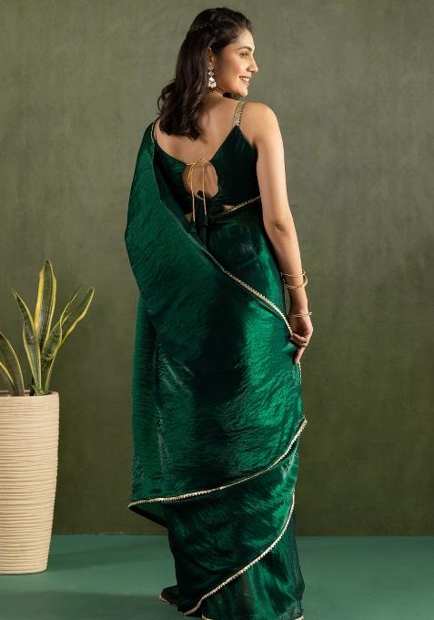 Green Solid And Lace Border Chiffon Pre Stitched Saree