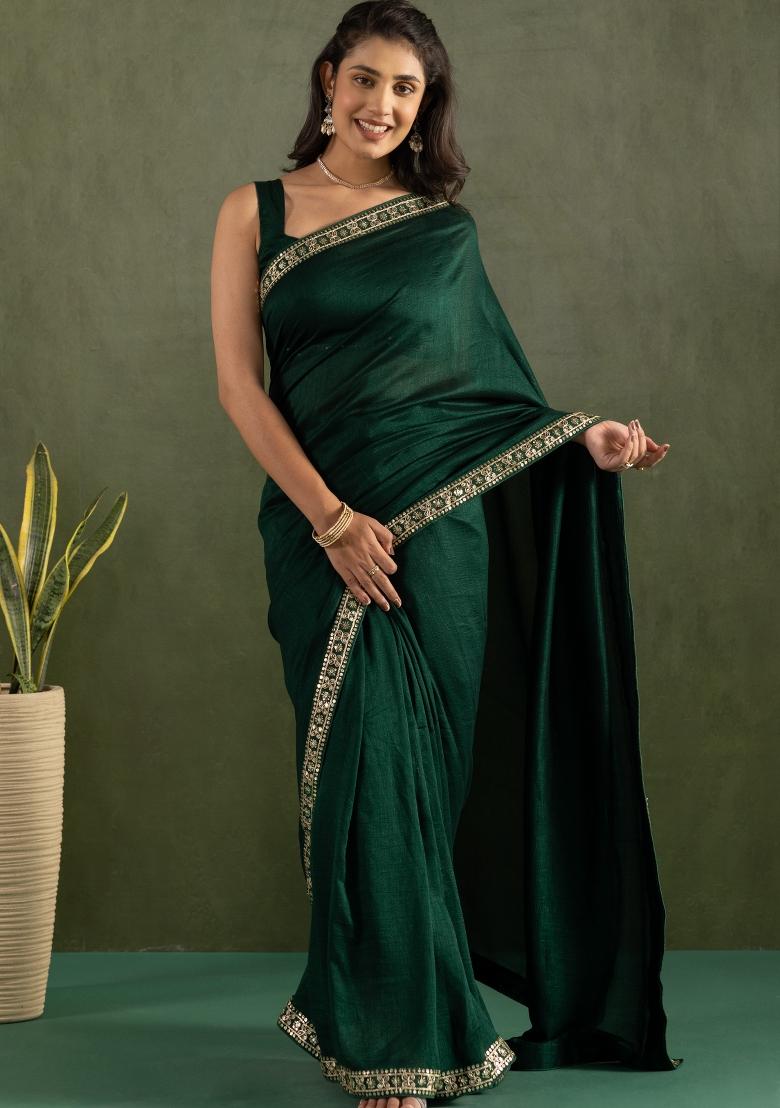 Dark Green Solid And Lace Border Chiffon Pre Stitched Saree