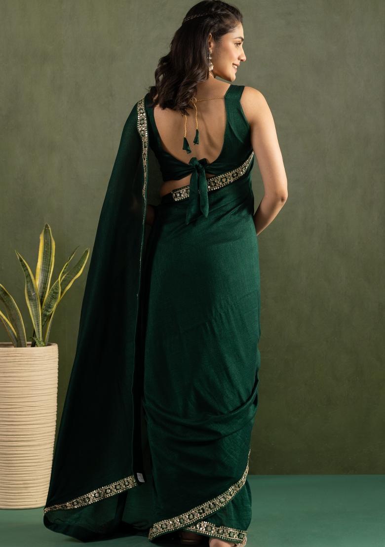 Dark Green Solid And Lace Border Chiffon Pre Stitched Saree