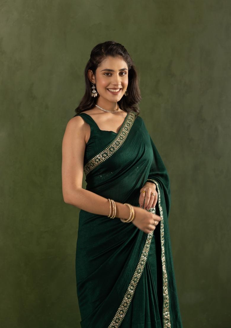 Dark Green Solid And Lace Border Chiffon Pre Stitched Saree