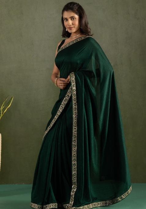Dark Green Solid And Lace Border Chiffon Pre Stitched Saree