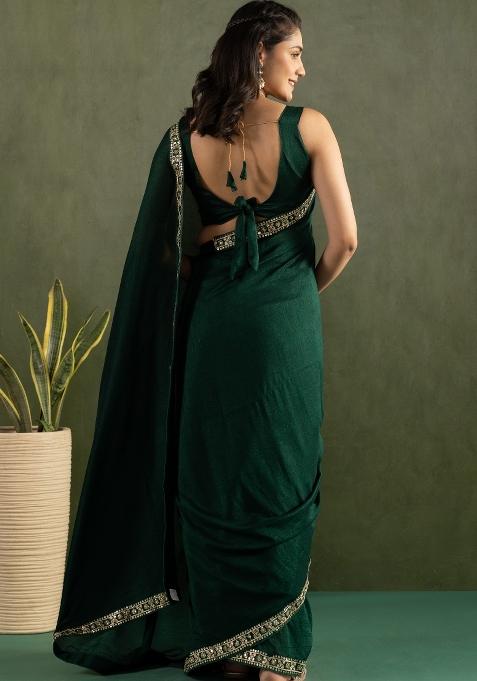 Dark Green Solid And Lace Border Chiffon Pre Stitched Saree