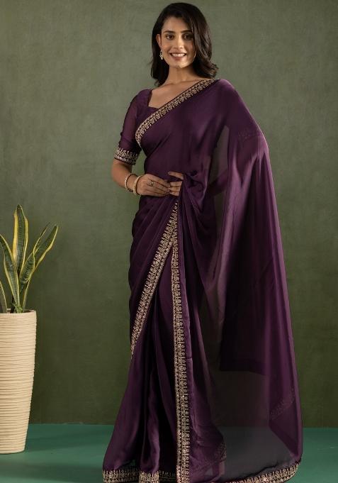 Purple Solid And Lace Border Chiffon Pre Stitched Saree