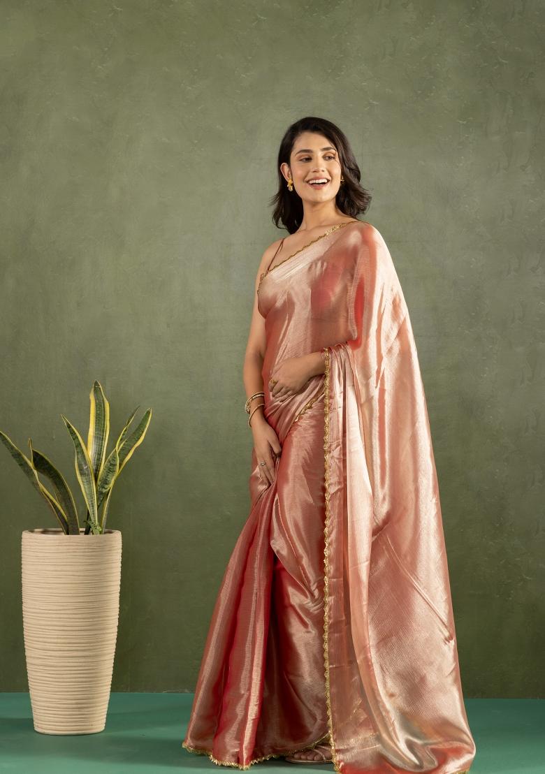 Rose Gold Solid And Lace Border Chiffon Pre Stitched Saree