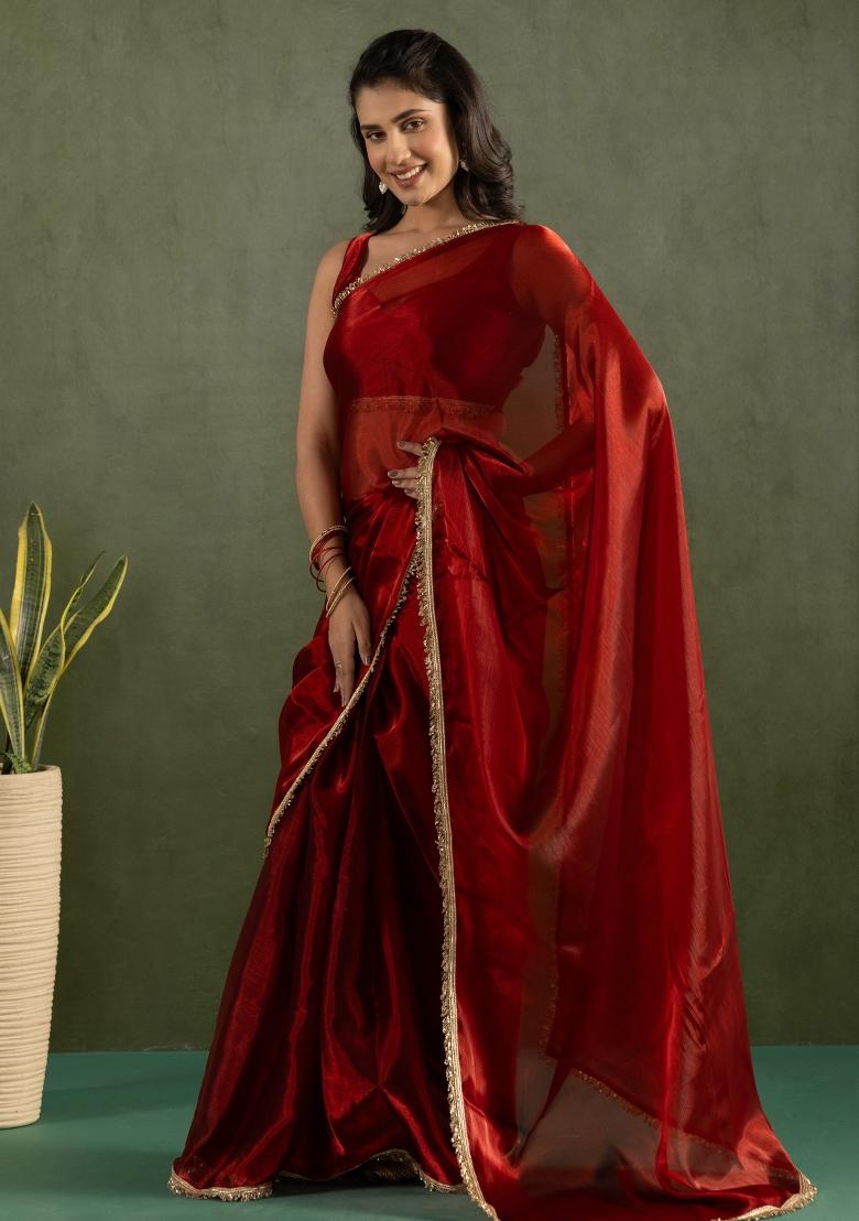 Red Solid And Lace Border Chiffon Pre Stitched Saree
