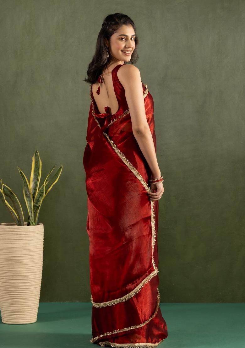 Red Solid And Lace Border Chiffon Pre Stitched Saree